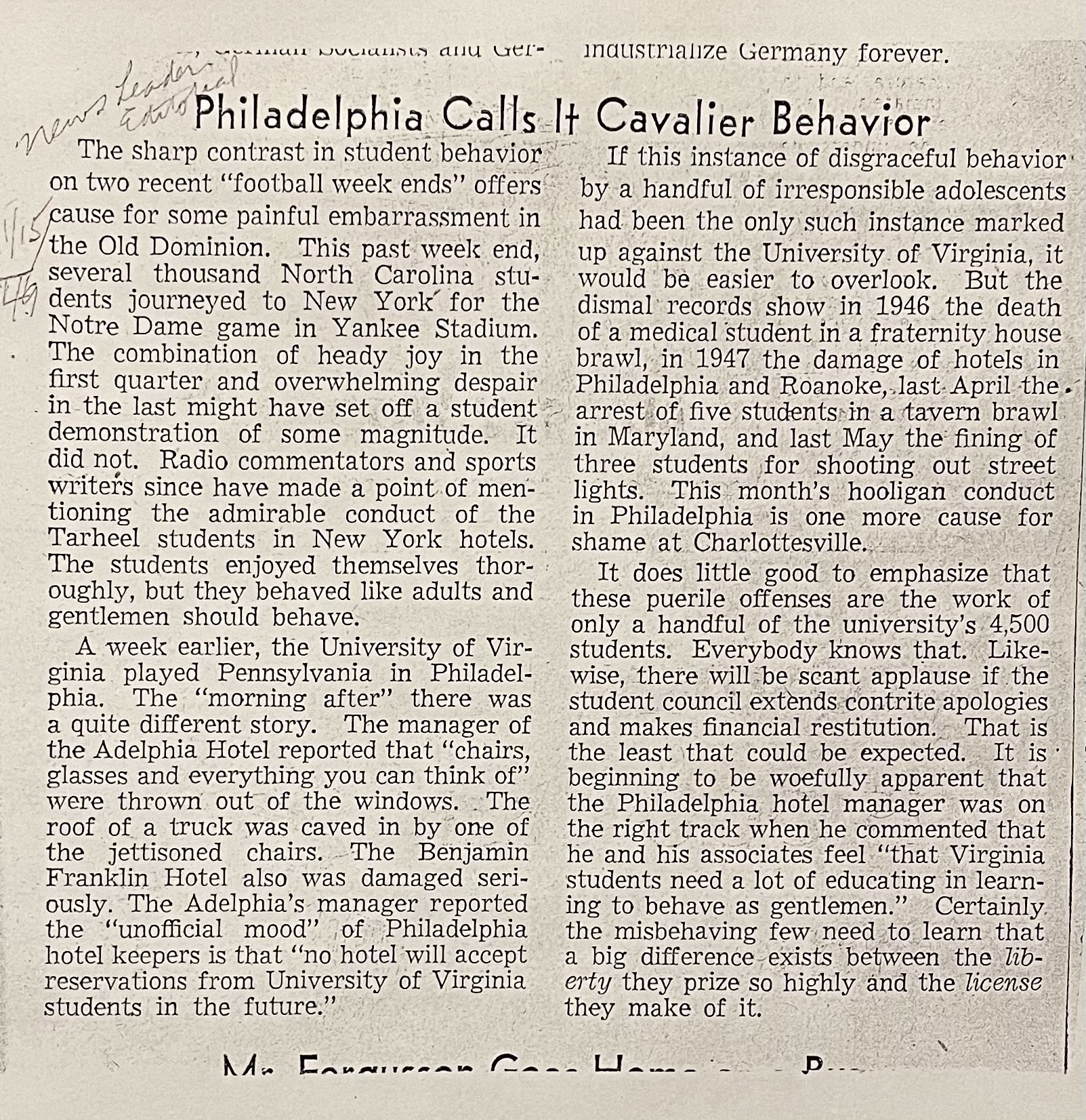 1947: Newspaper Clipping on Hotel Destruction after Virginia-Penn Game
