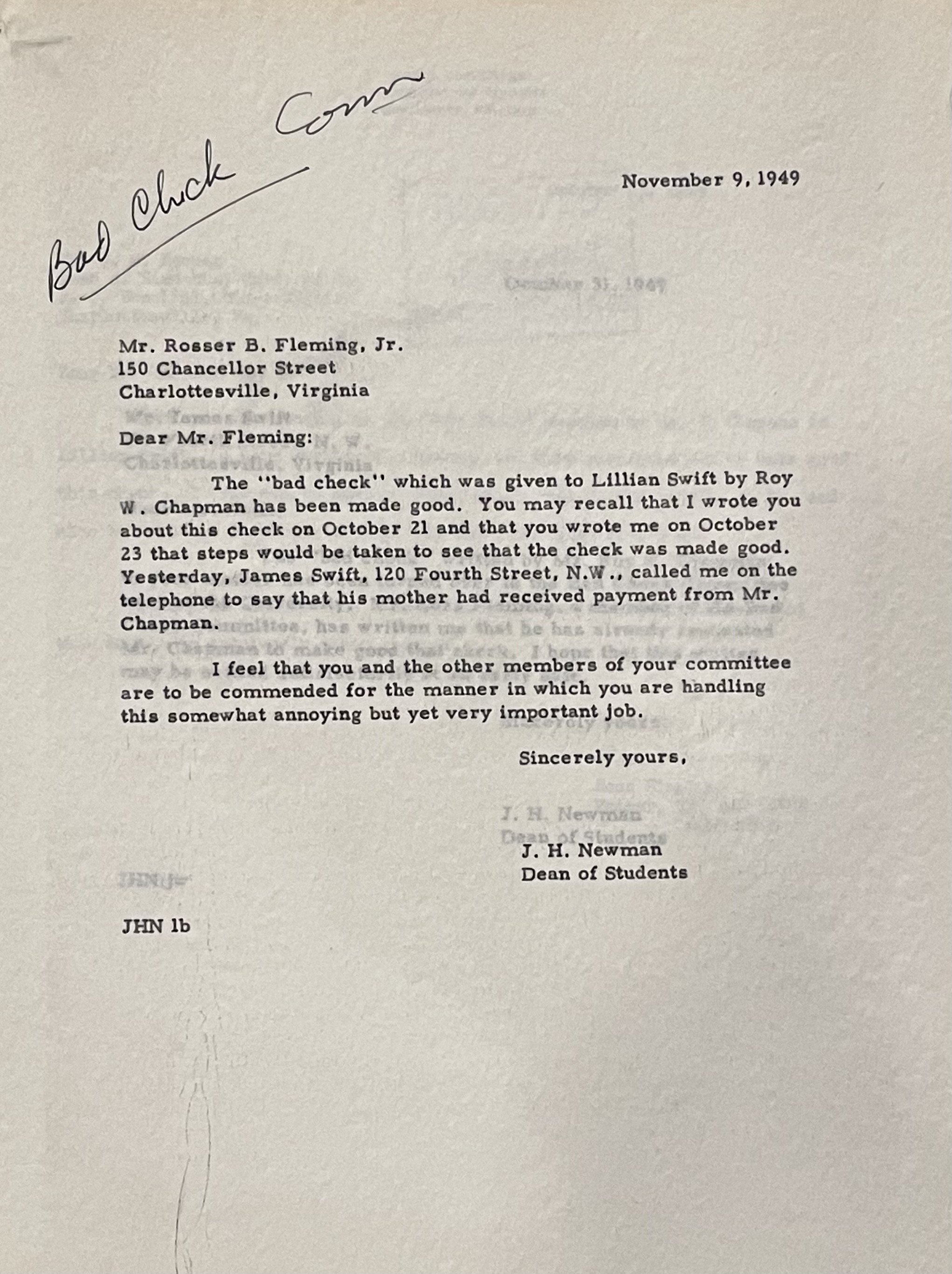 1949: Letter to Mr. Rosser B. Fleming, Jr., of the Bad Check Committee
