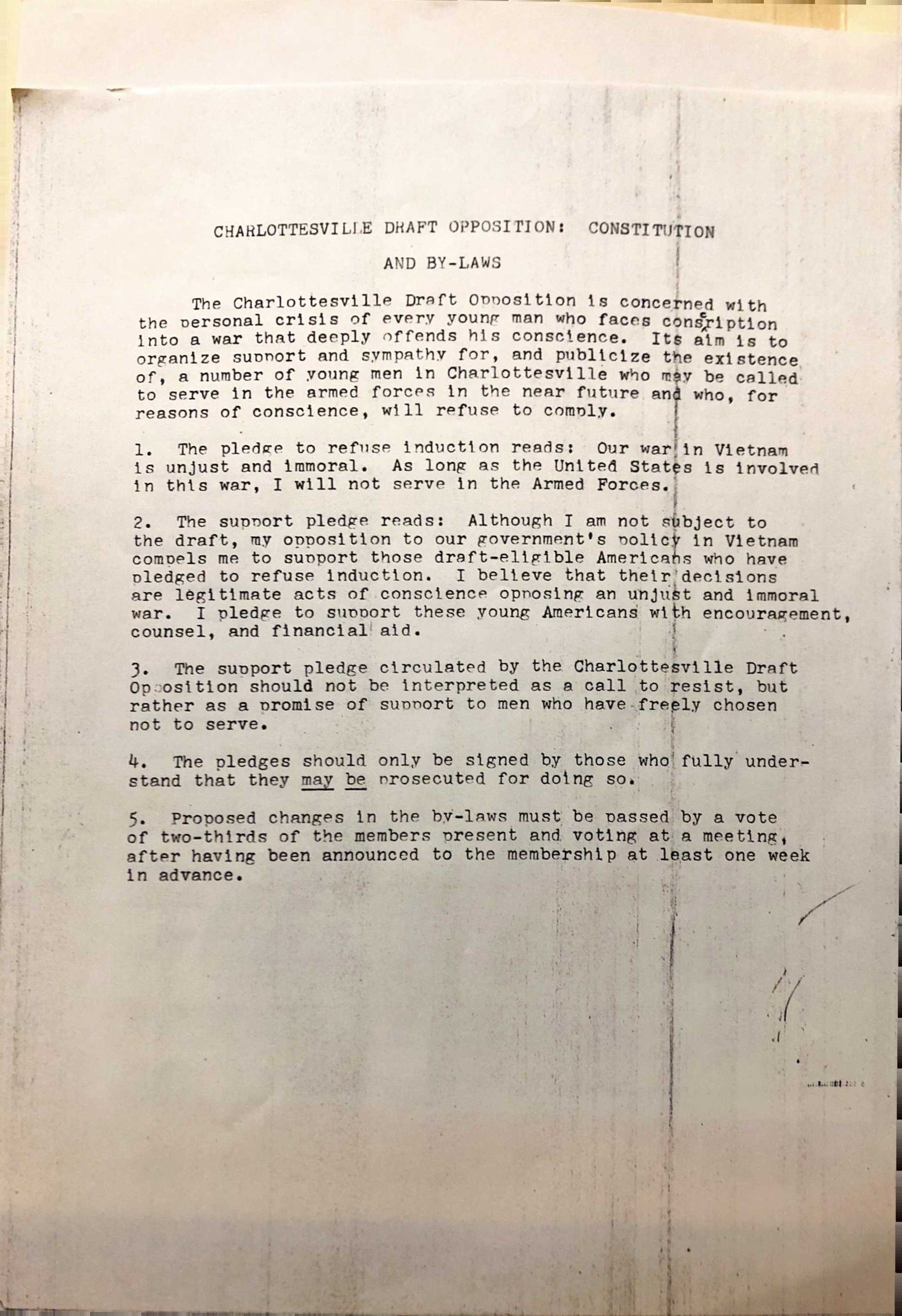 1968: Constitution of Charlottesville Draft Opposition