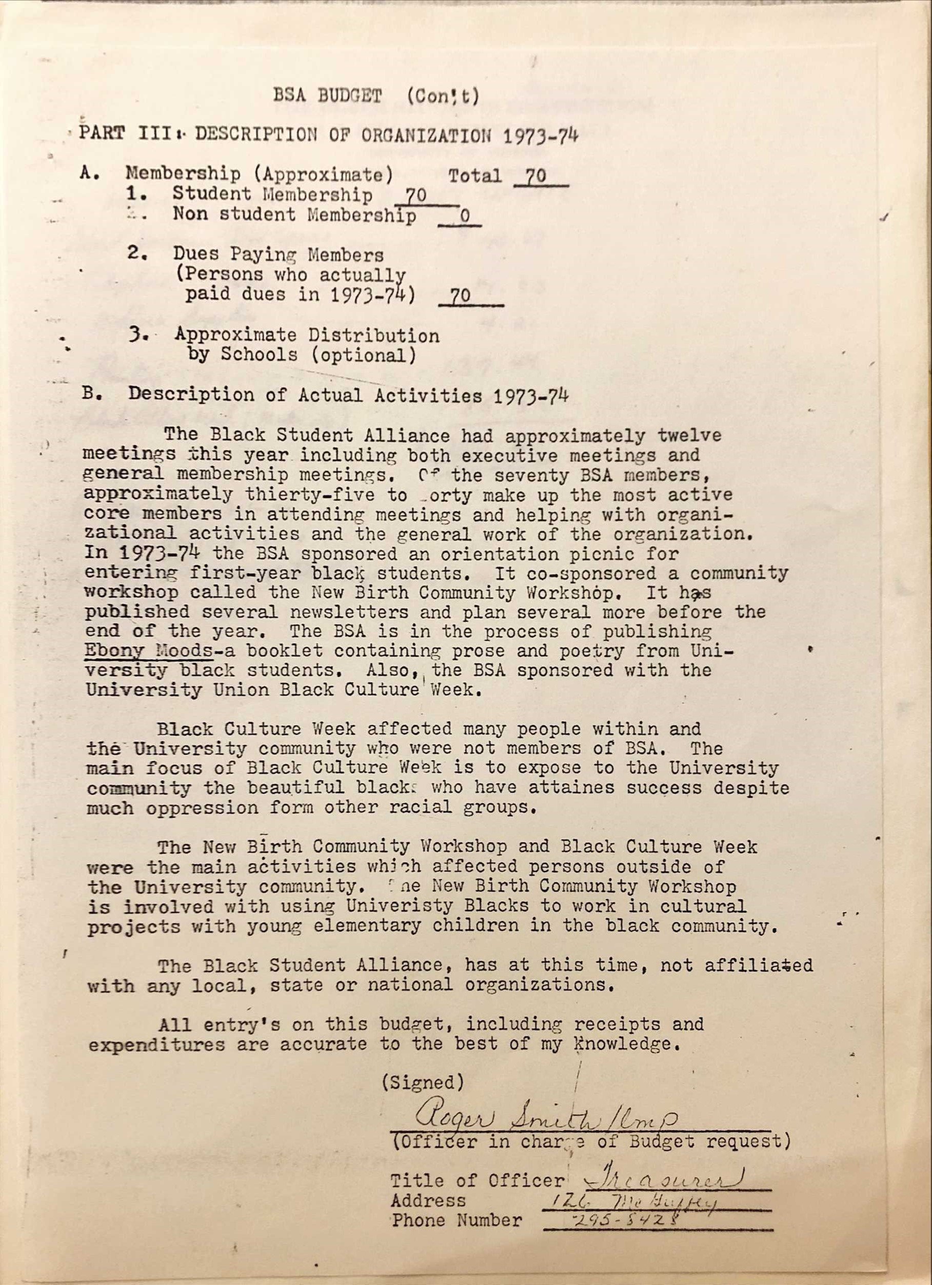 1973: Black Student Alliance Budget