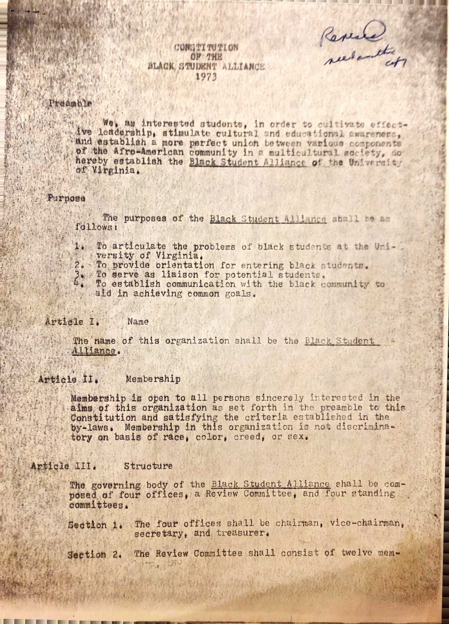 1973: Constitution of the Black Student Alliance