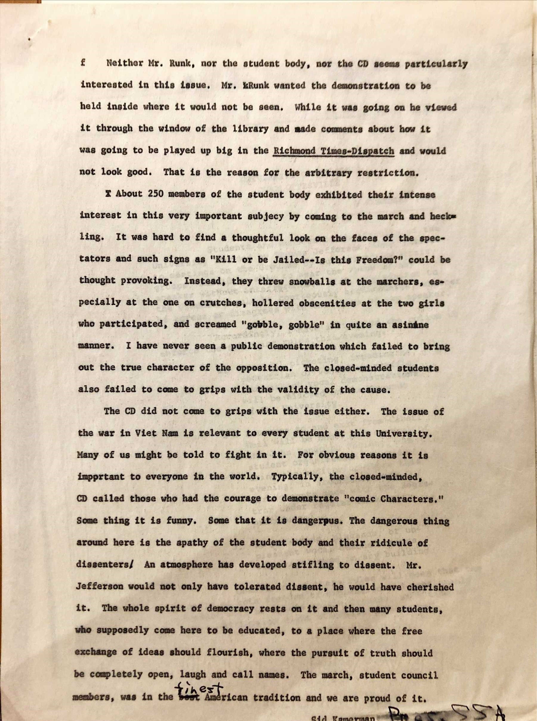 c. 1964-66: Letter to Student Council from Sidney Kamerman