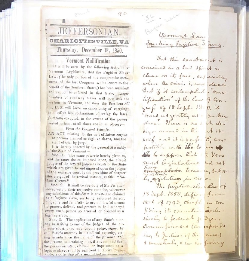 1850: “Vermont Law Touching Fugitive Slaves”, John Minor’s Diary