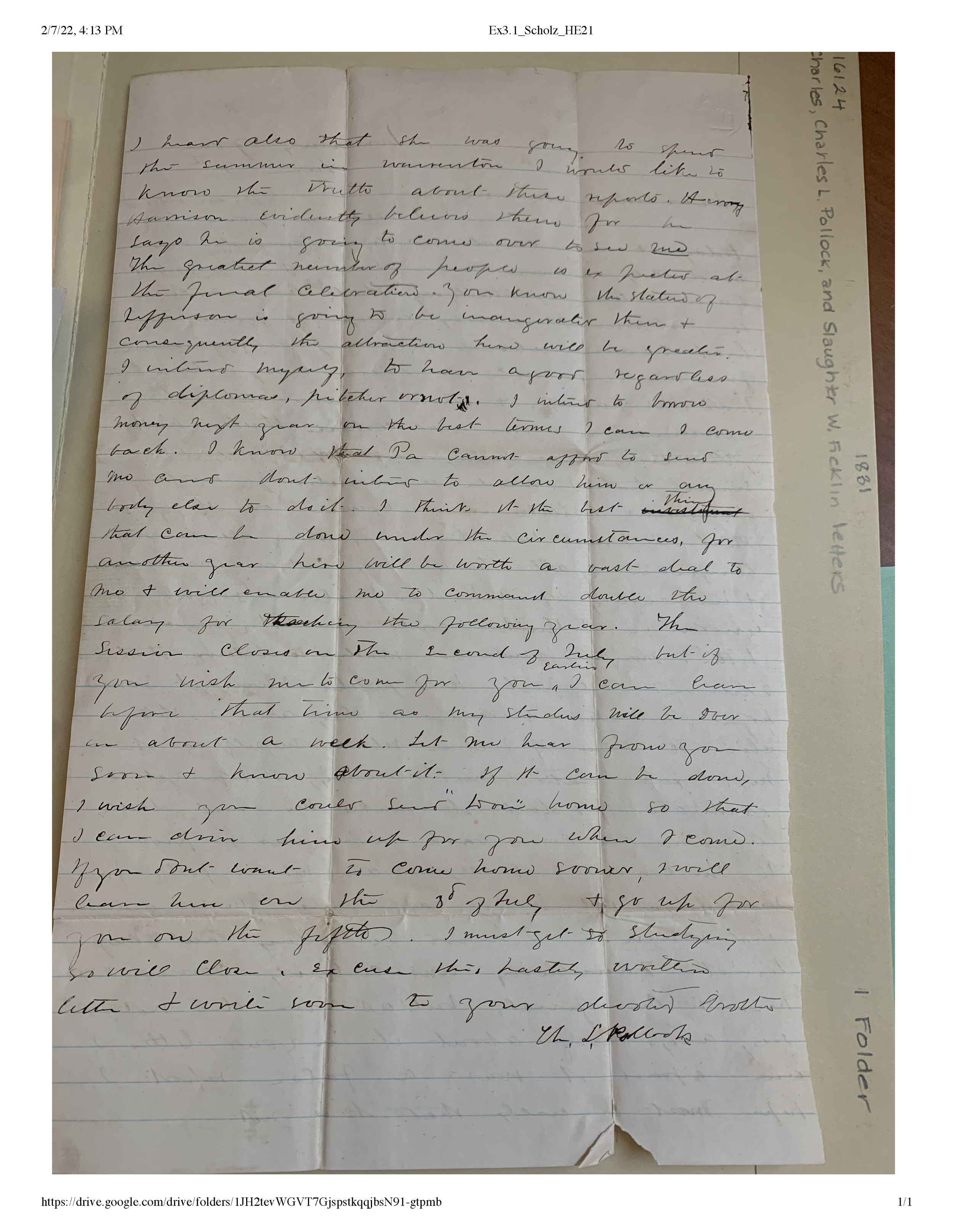 1831: Letters Between H.G. Charles, Charles L. Pollock and Slaughter W. Ficklin