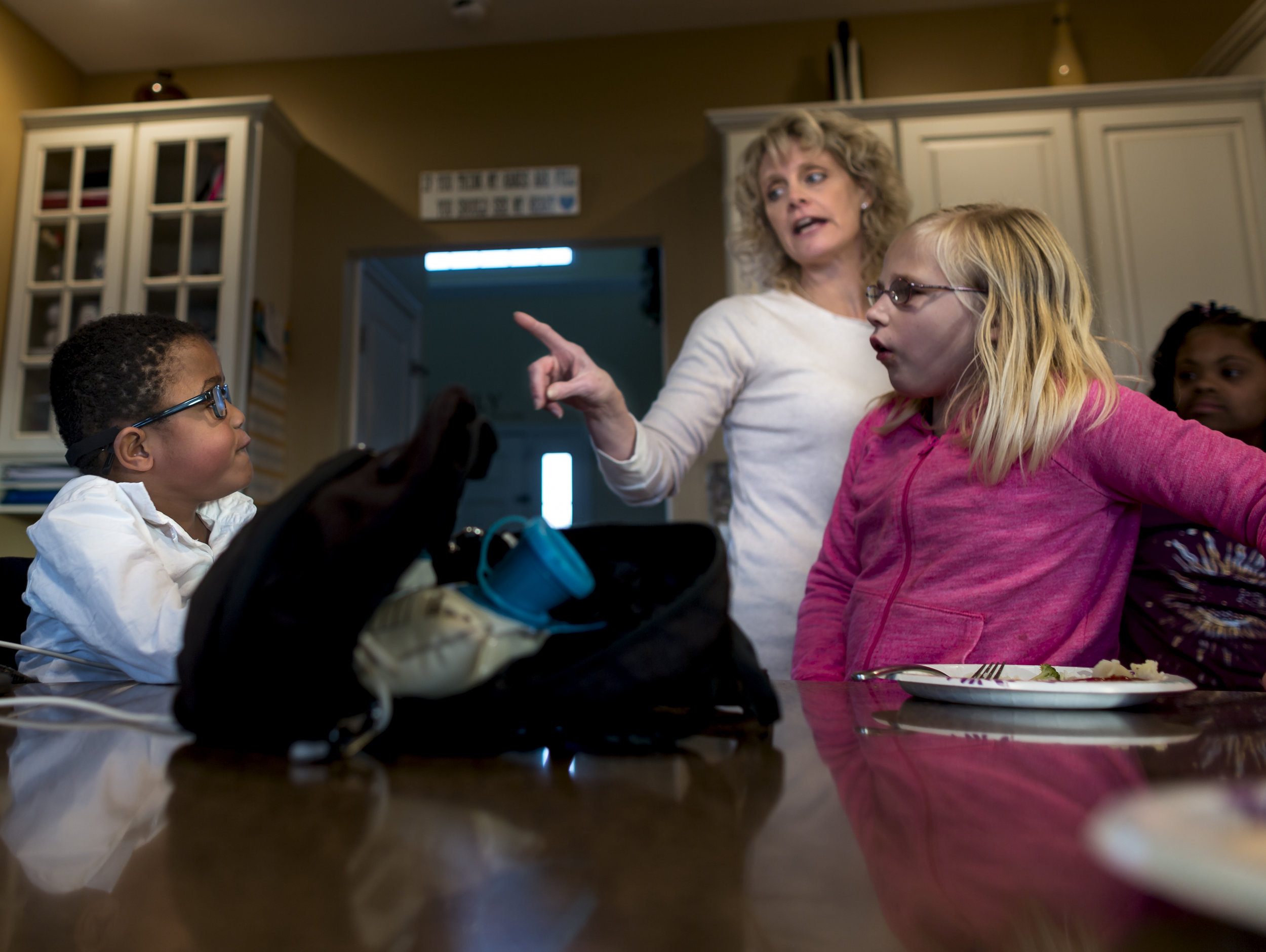  "Fu...fuc...I don't like that word." Caulder (5) stops himself from swearing while Brittany warns him, "I don't like that word either;" Caulder's adopted siblings Tennyson and Talia (far right) watch on. Caulder has overcome spastic quadriplegia CP,