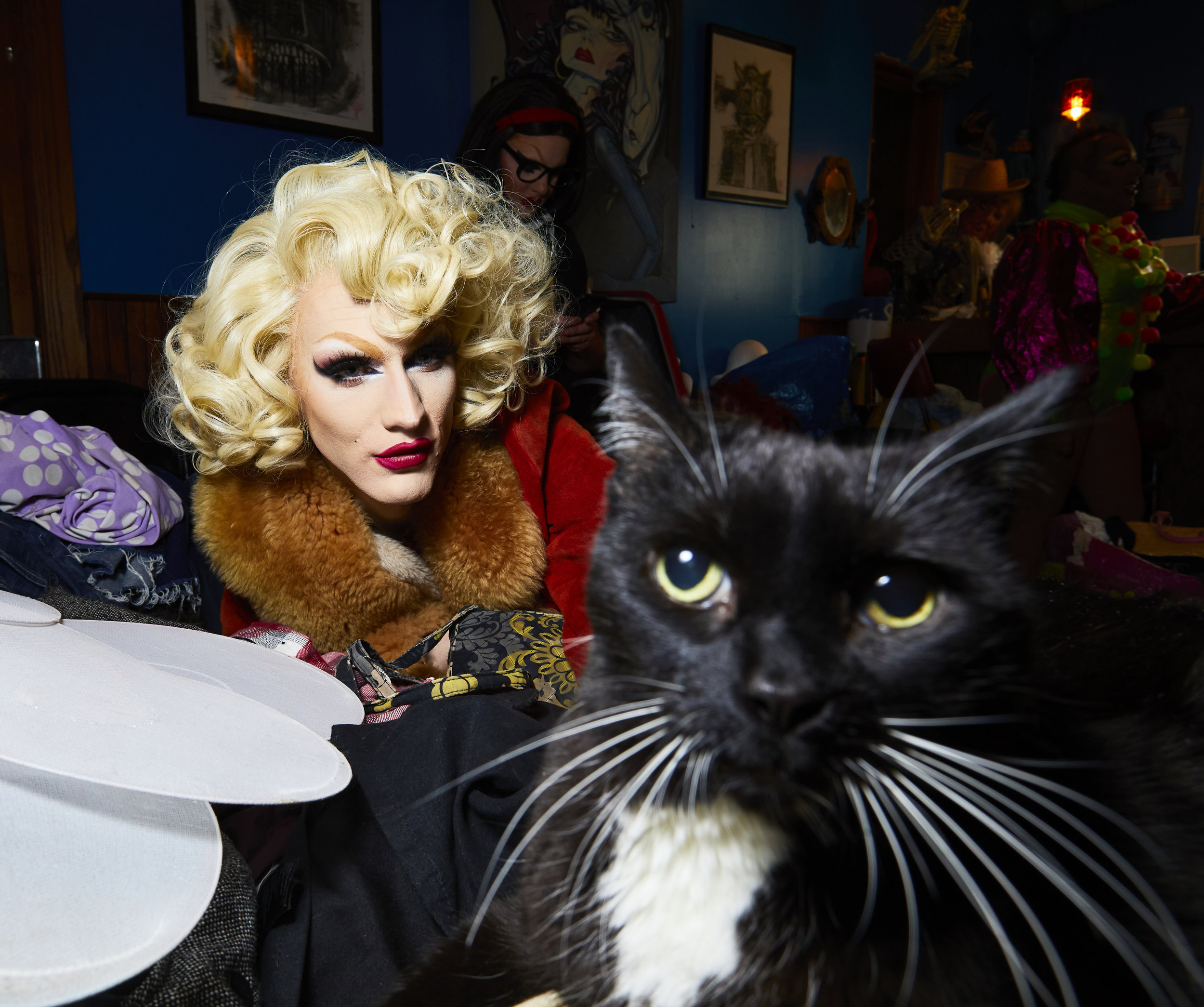  Portrait of drag queen Judy Darling and Lux Lounge’s resident cat. 