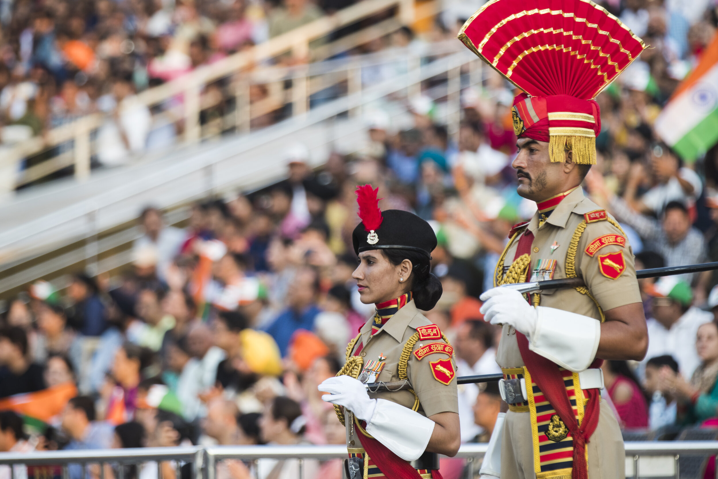  Indian soldiers stand guard during the ceremonial flag lowering.  