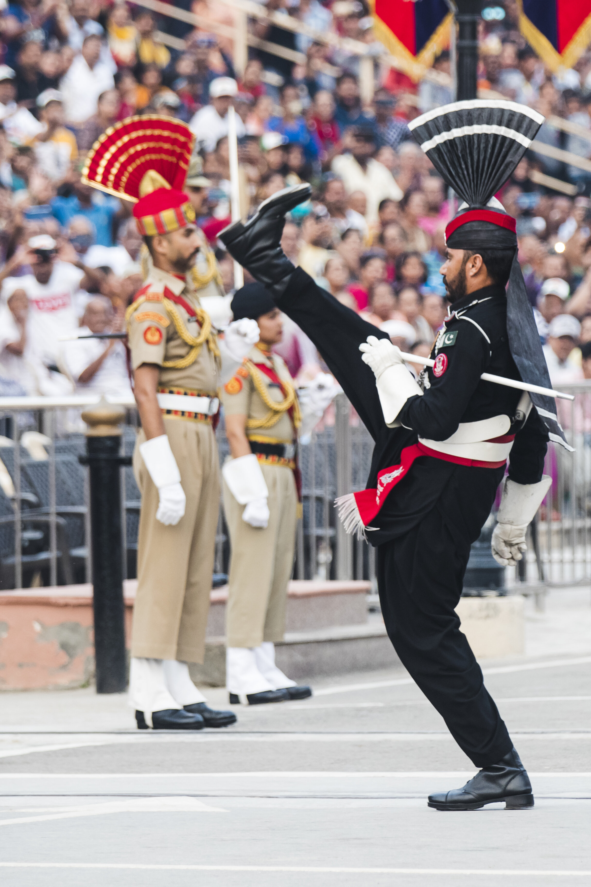  A Pakistani soldier performs a high kick during the ceremony.  