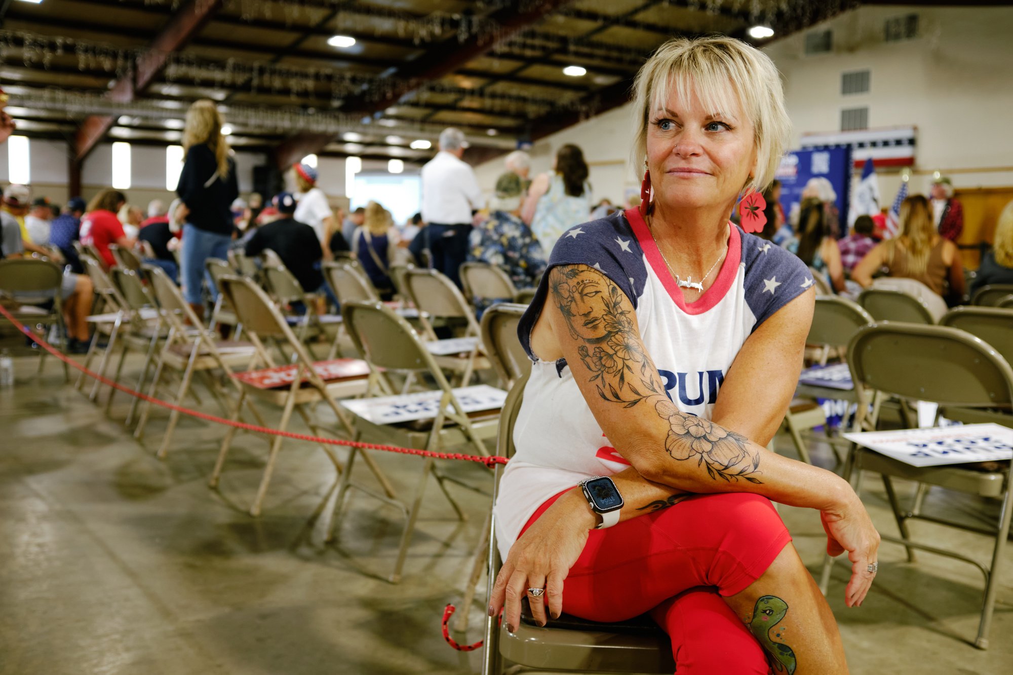  Becky Hauser of Dubuque, Iowa at the Team Trump Iowa Commit to Caucus Event at the Jackson County Fairgrounds in Maquoketa, IA on Sept. 20, 2023. (Mustafa Hussain for the New York Times) 