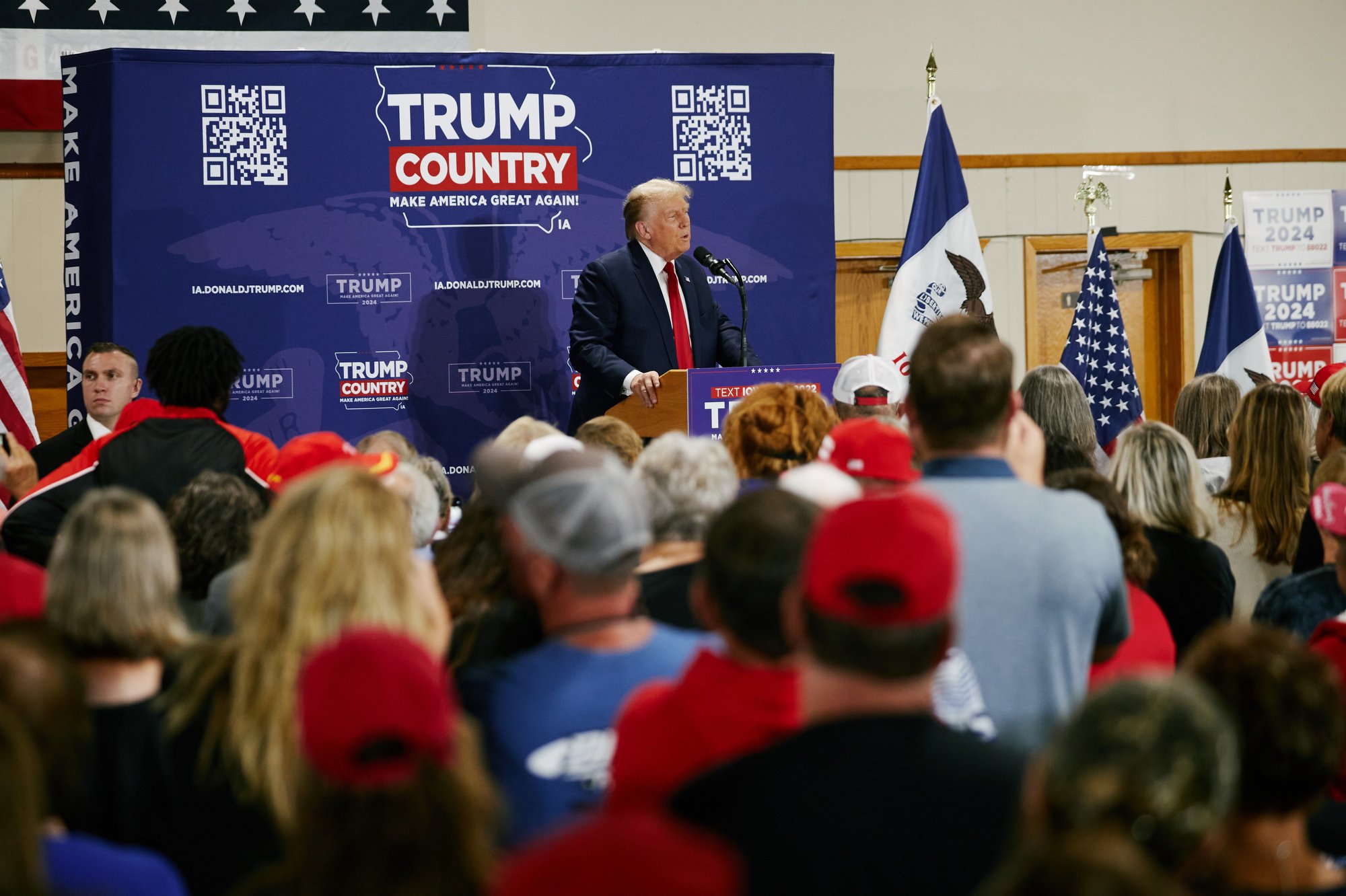  Former President Donald Trump speaks at the Team Trump Iowa Commit to Caucus Event at the Jackson County Fairgrounds in Maquoketa, IA on Sept. 20, 2023. (Mustafa Hussain for the New York Times) 