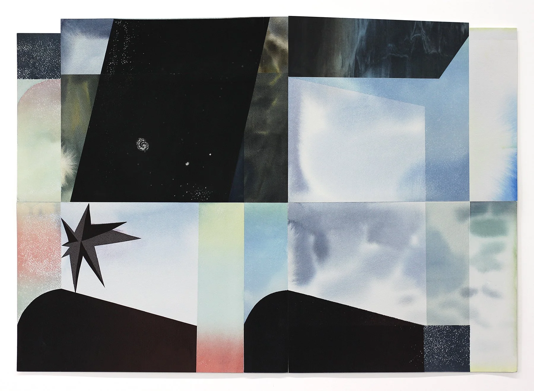   Cosmic Spider , 2026, collage of watercolor and screenprint on paper, 19 × 26 1/4 in.  