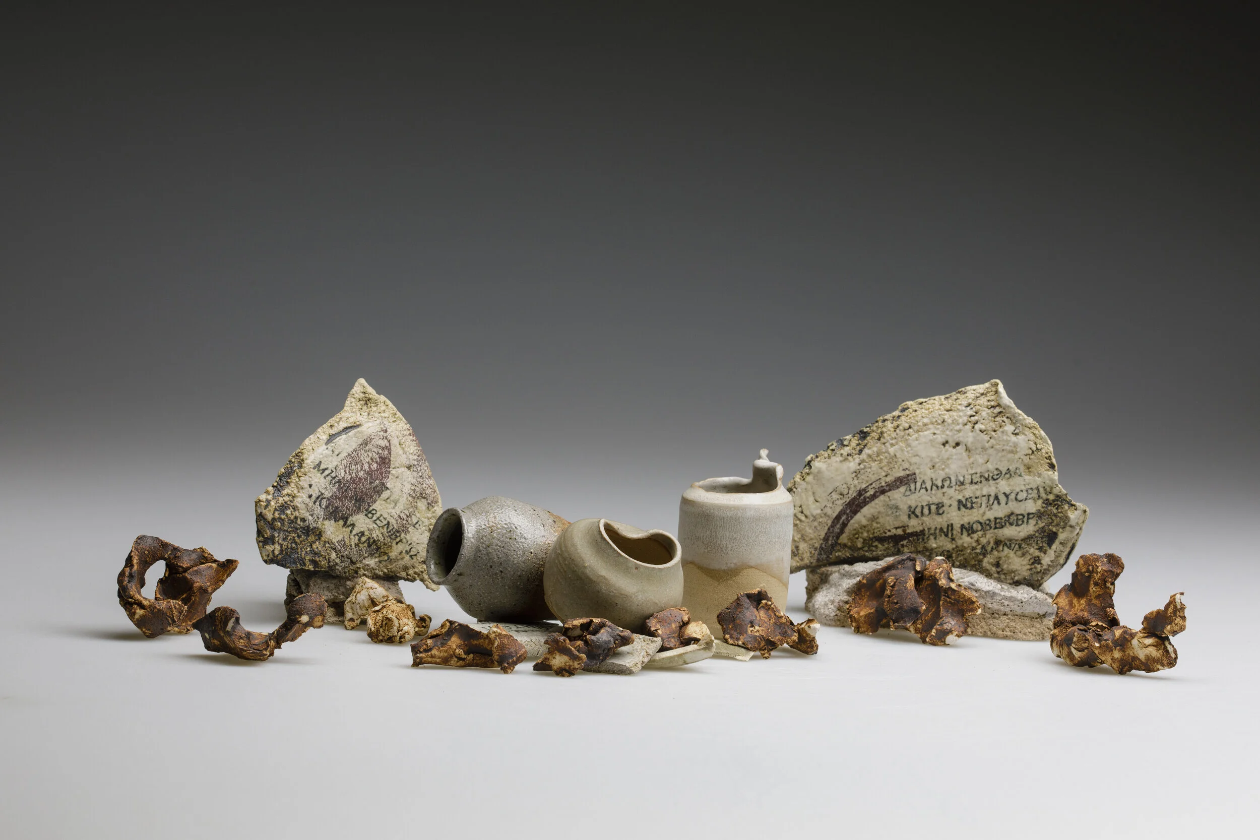 Memento Mori,  2019. Stoneware ceramic + found objects. Oxides, glaze, waterslide decals  Photo: Andrew Sikorski, Art Atelier