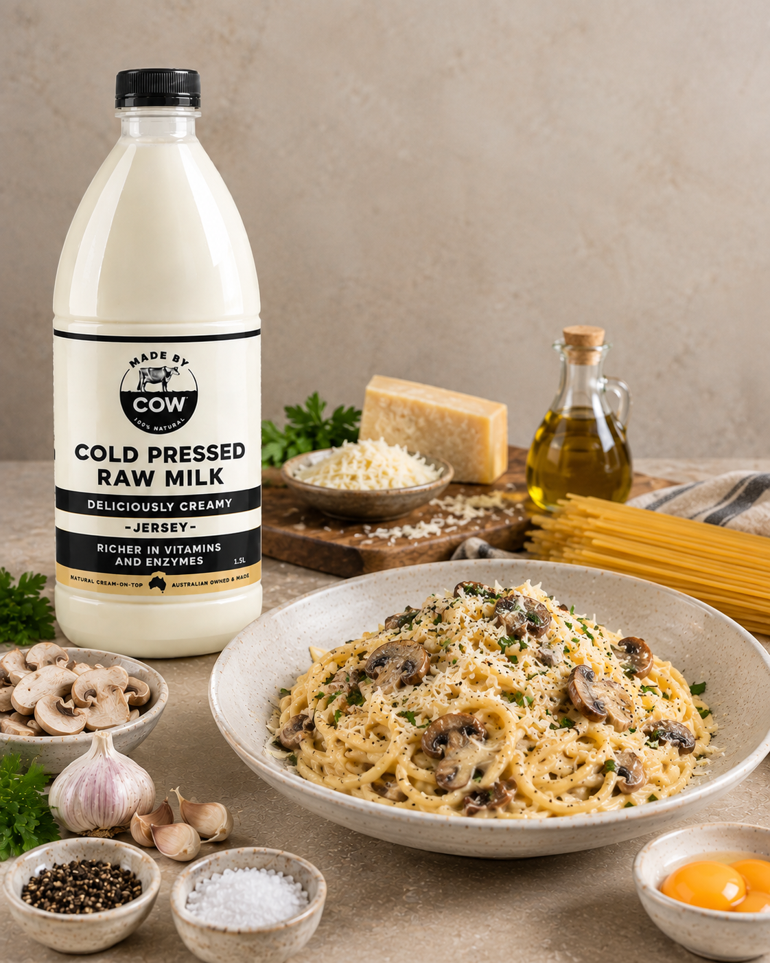 Carbonara Featuring Made by Cow Jersey Milk: A Creamy Mushroom Twist