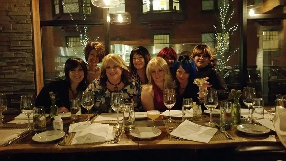 Another Wigs & Wine: Blondes have gone brunette and red, the brunettes have gone red and blonde, the redhead has gone blonde again. Here, I'm in the front row, taking a scary new red dress out for the first time. 