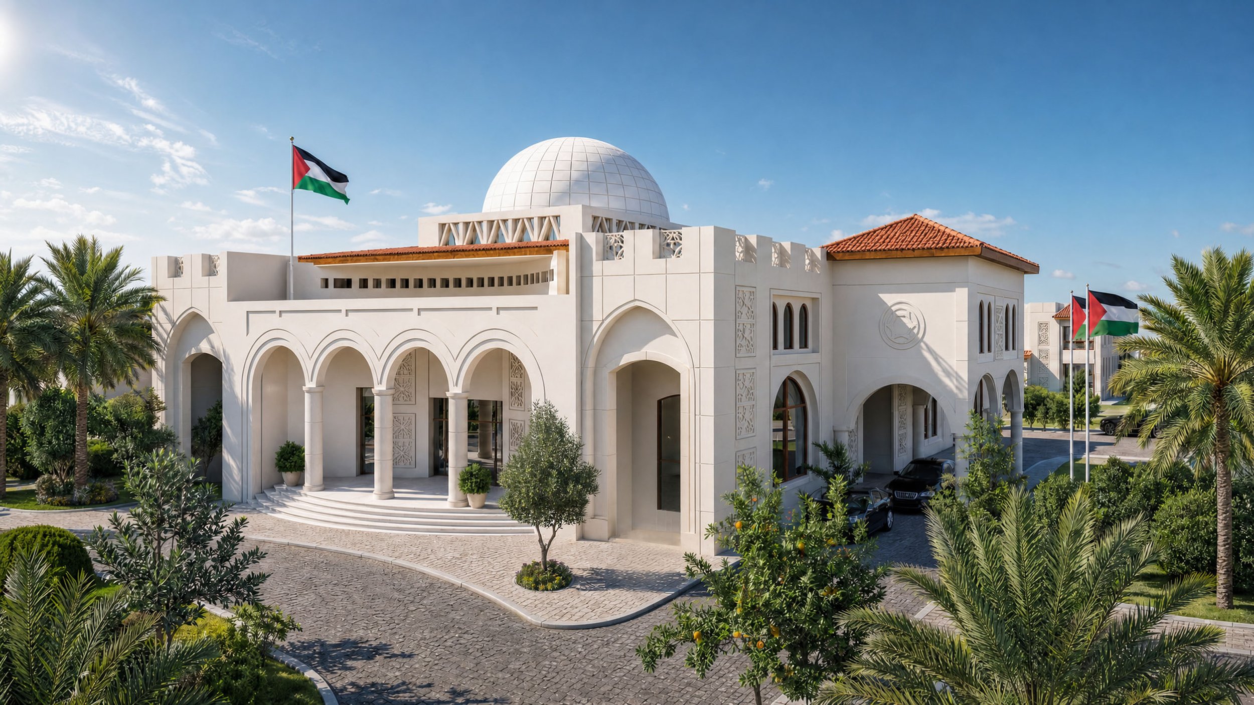 Palestinian Embassy complex in Muscat, Oman, designed by Studio Basel, with palm trees and Palestinian flags.