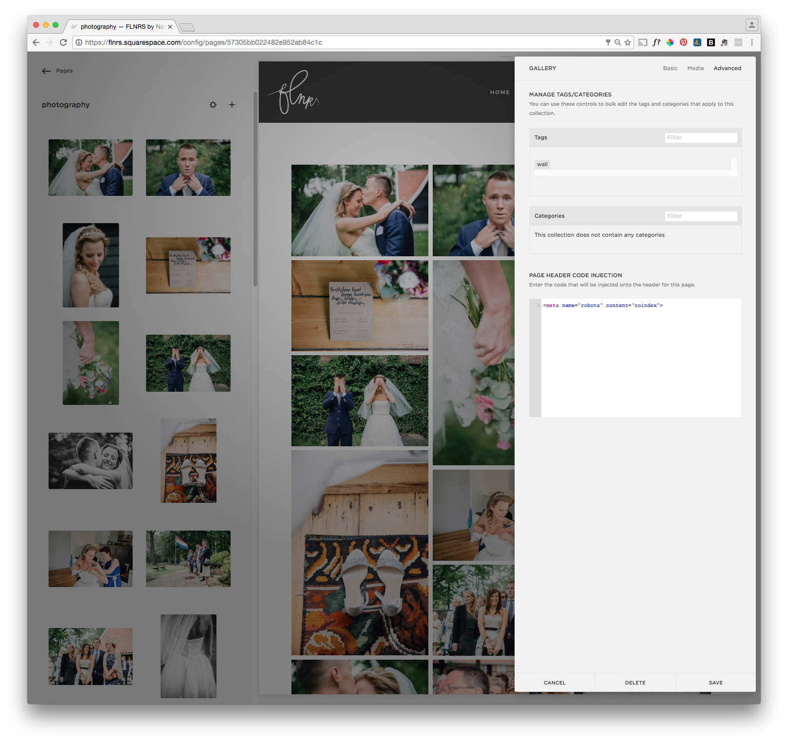 Screenshot van page header met code <meta name="robots' content="noindex">