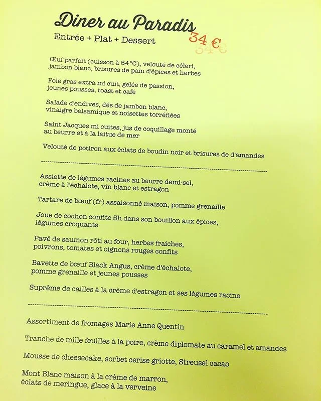 CE SOIR 
Menu gentil &agrave; 34&euro;
#paradis #menu #paris #food #plaisirsimple