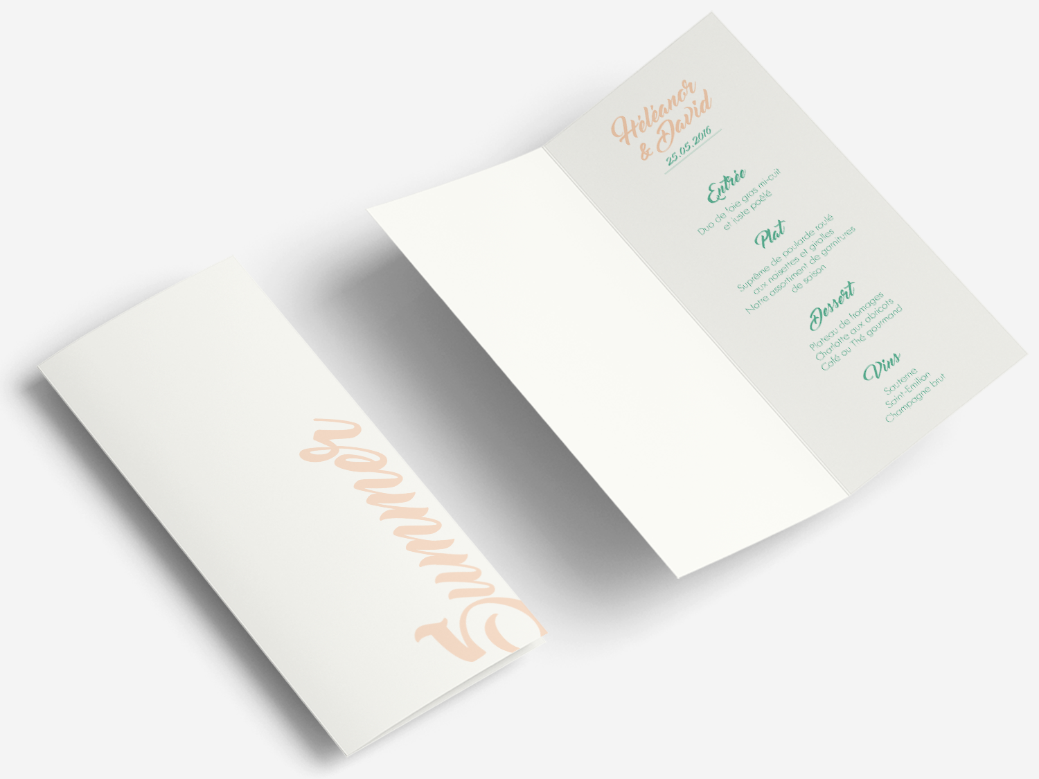 Faire-part Menu papeterie de table placement nom numéro de table Calligraphie Créatif Paris collection california soleil sun corail vert d'eau menthe Papeterie Mariage