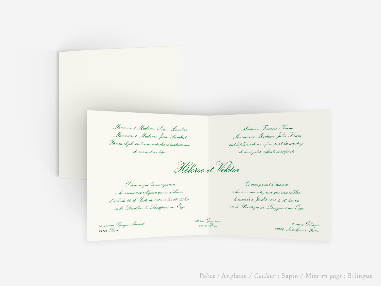 faire-part carton mariage paris invitation papier papeterie couleur personnalisable portrait papier vergé vélin d'arches van den velde bords irreguliers tradition classique traditionnel carré bilingue