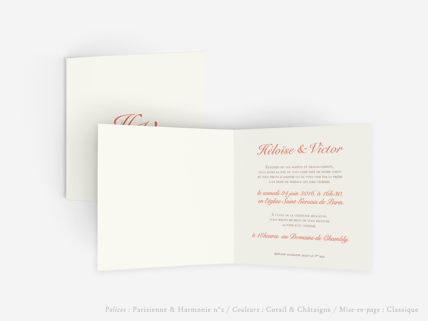 faire-part carton mariage paris invitation papier papeterie couleur personnalisable portrait papier vergé vélin d'arches van den velde bords irreguliers tradition classique traditionnel carré