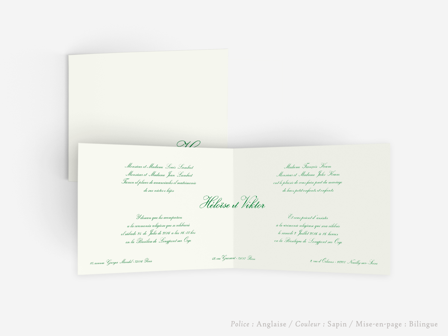faire-part carton mariage paris invitation papier papeterie couleur personnalisable portrait papier vergé vélin d'arches van den velde bords irreguliers tradition classique traditionnel A5 bilingue