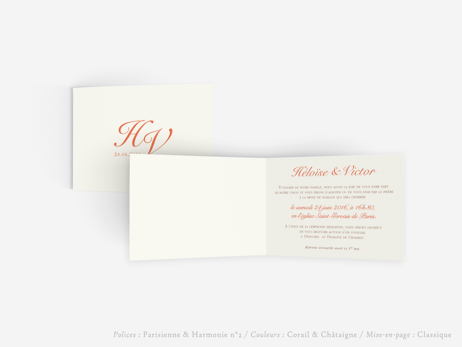 faire-part billet carton mariage paris invitation papier couleur personnalisable portrait paysage vergé vélin d'arches van den velde bords irreguliers tradition classique traditionnel petit bilingue