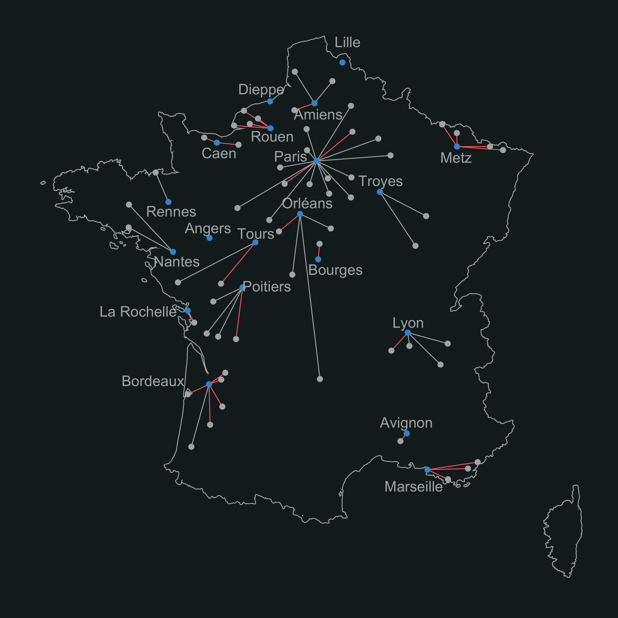 59 suburban towns with direct access to the 20 cities that make top 10% population size in 1550 (named on the map).