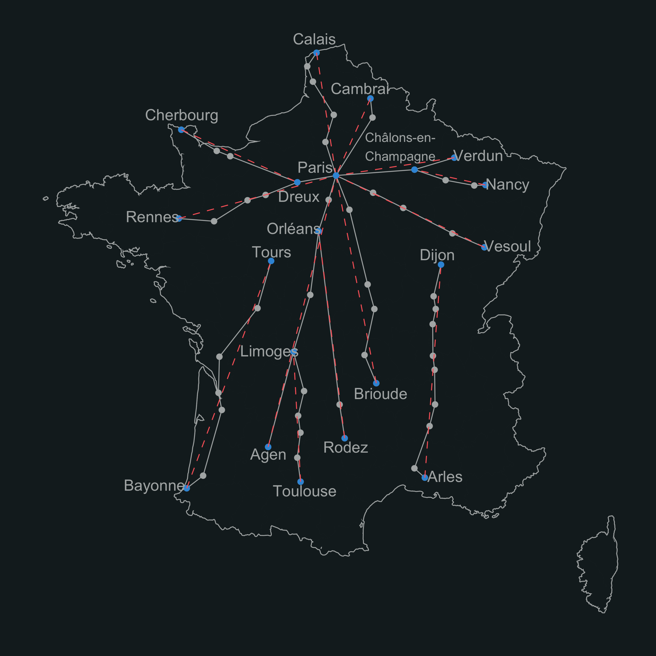 13 pairs of major cities on the postal routes (named on the map) and 40 cities lying along these pairs of “straight paths.”
