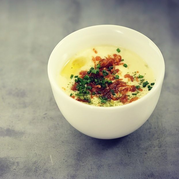 Onion & potato soup, charred spring onion, truffle