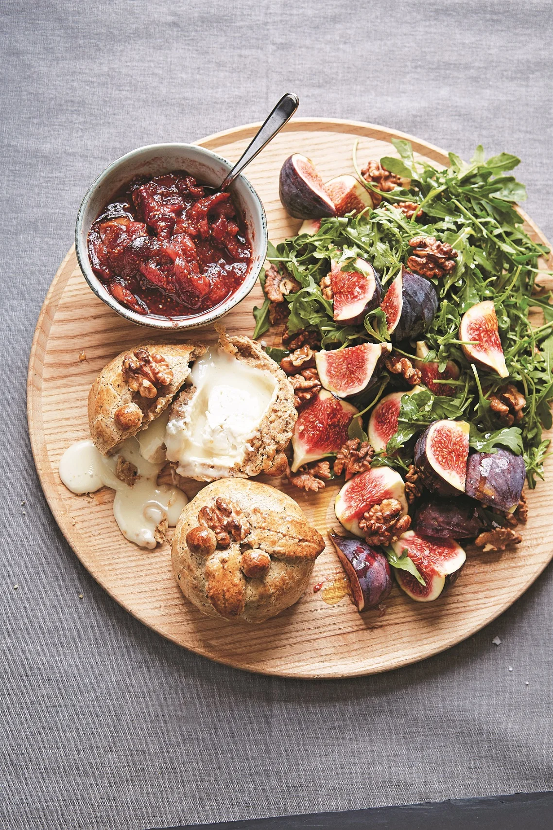 Baked goat's cheese wrapped in walnut pastry with fig relish from Honey & Co. At Home (Pavilion Books)