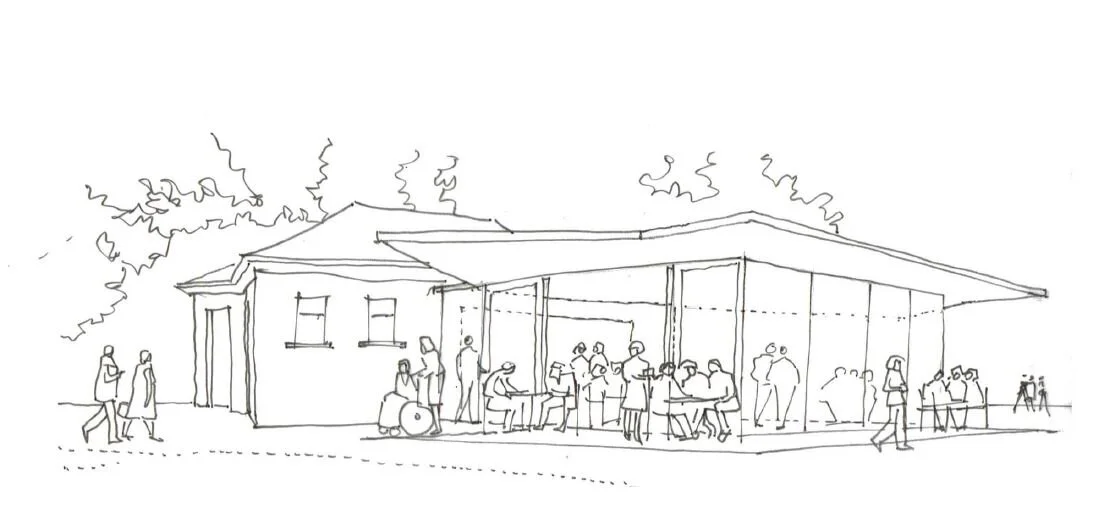 Line drawing of a community center with people inside and outside, some sitting at tables, others walking and talking, and trees in the background.