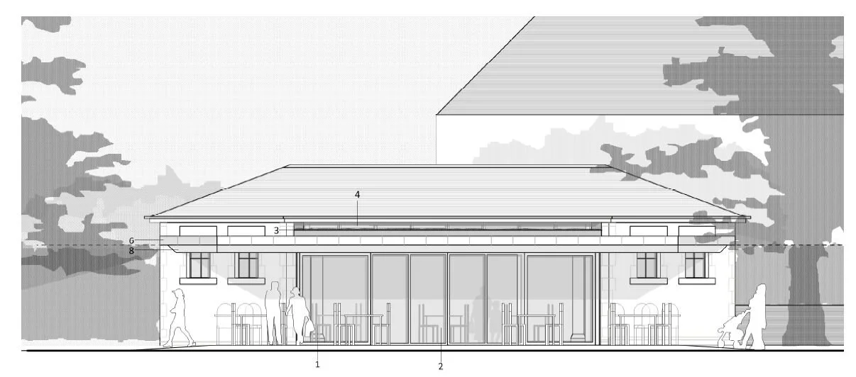 Architectural elevation drawing of a building with large glass windows and a pitched roof, surrounded by trees and people.