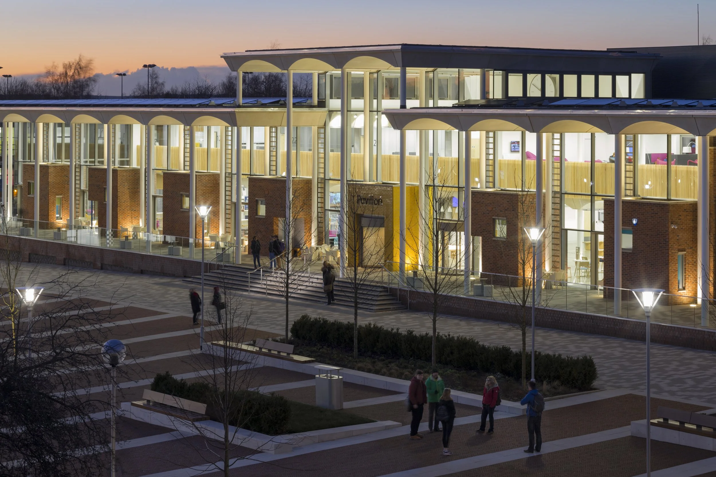 Rooftop view of Heart of Campus pavilion illustrating photovoltaic solar panel array supporting BREEAM Excellent standards