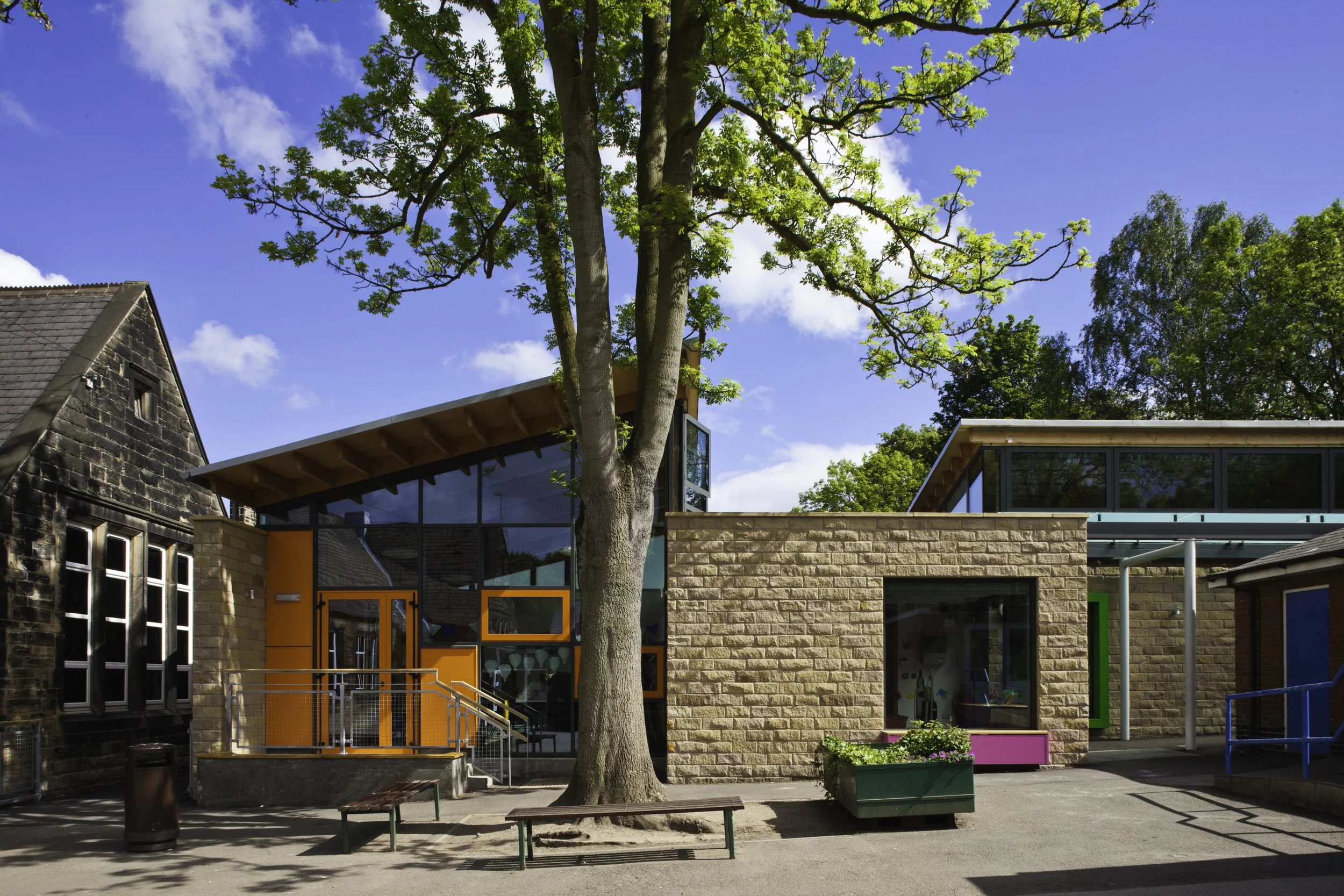 A modern building with large glass windows and brick walls is set amidst trees with green foliage, under a bright blue sky with a few clouds.