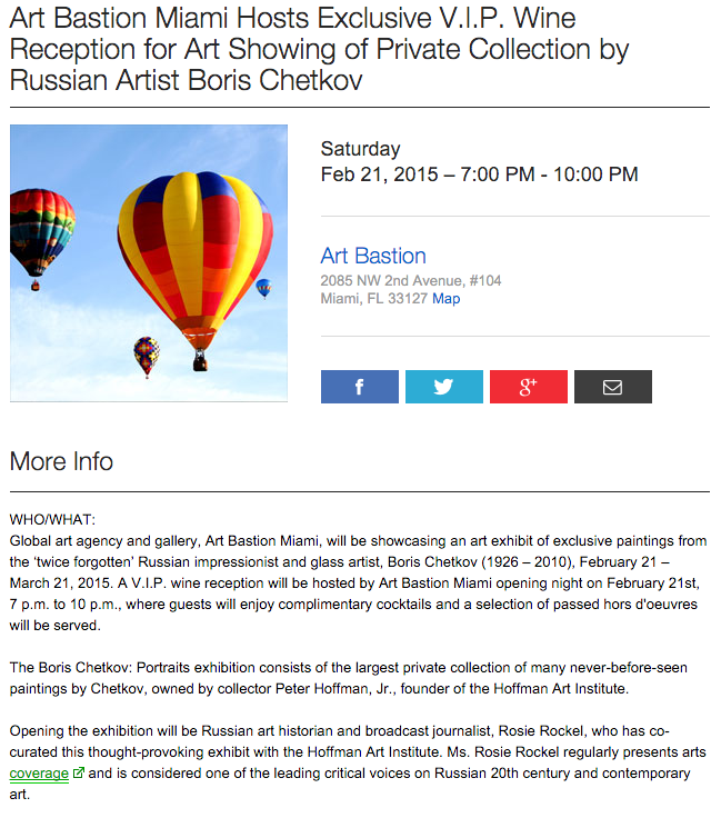 Art Bastion Miami Hosts Exclusive V.I.P. Wine Reception For Art Showing of Private Collection by Russian Artist Boris Chetkov