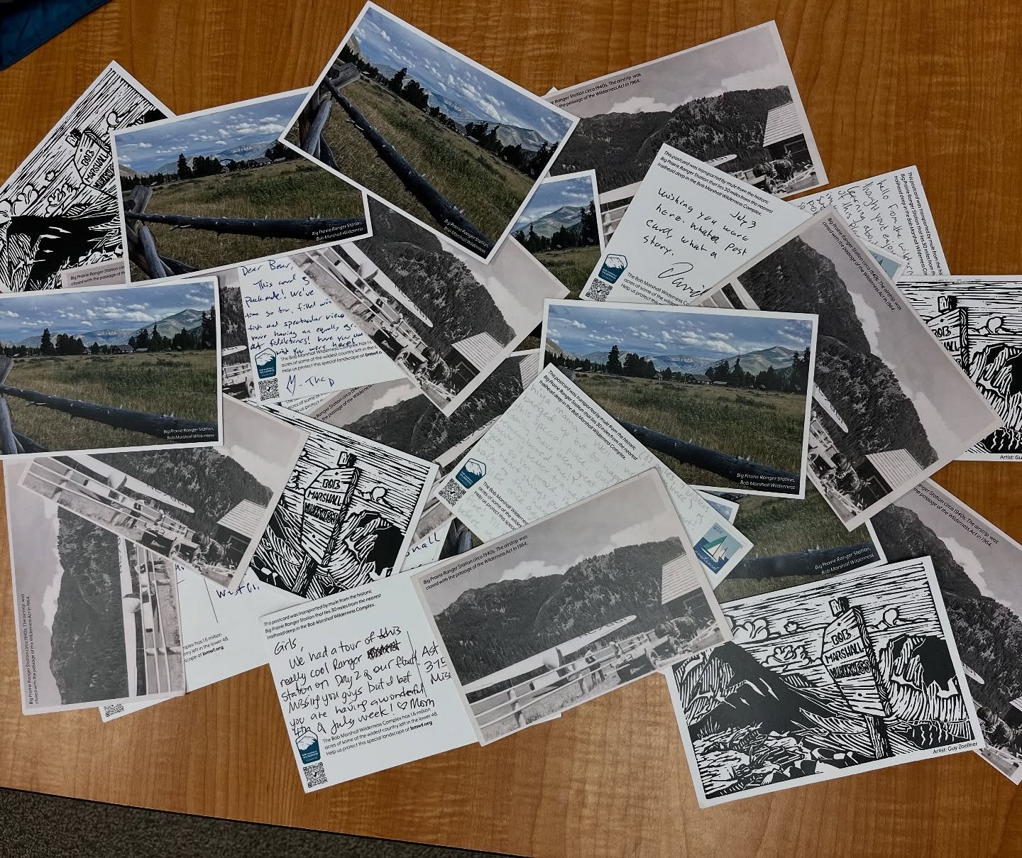 Our first round of postcards just came out of the Bob by mule from Big Prairie – and we’re so pleased to see that folks are using them!
Earlier this spring, we stocked this backcountry Ranger Station with a few sets of postcards. If you