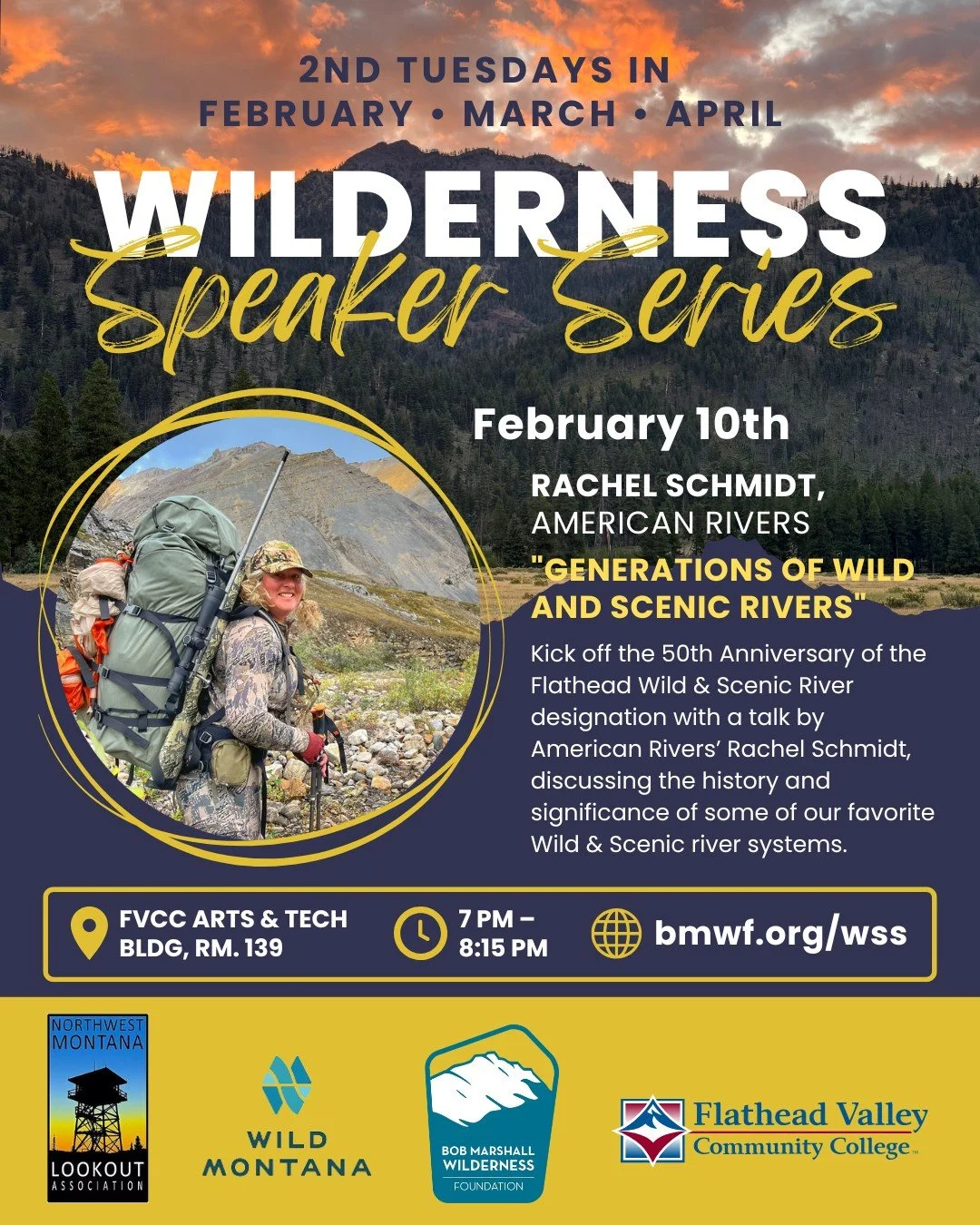 Next week! Join us for our first speaker in the 2026 Wilderness Speaker Series, Rachel Schmidt of @americanrivers. The talk starts at 7pm; come early to stop by the non-profit partner booths in the foyer!

The Wilderness Speaker Series is presented b