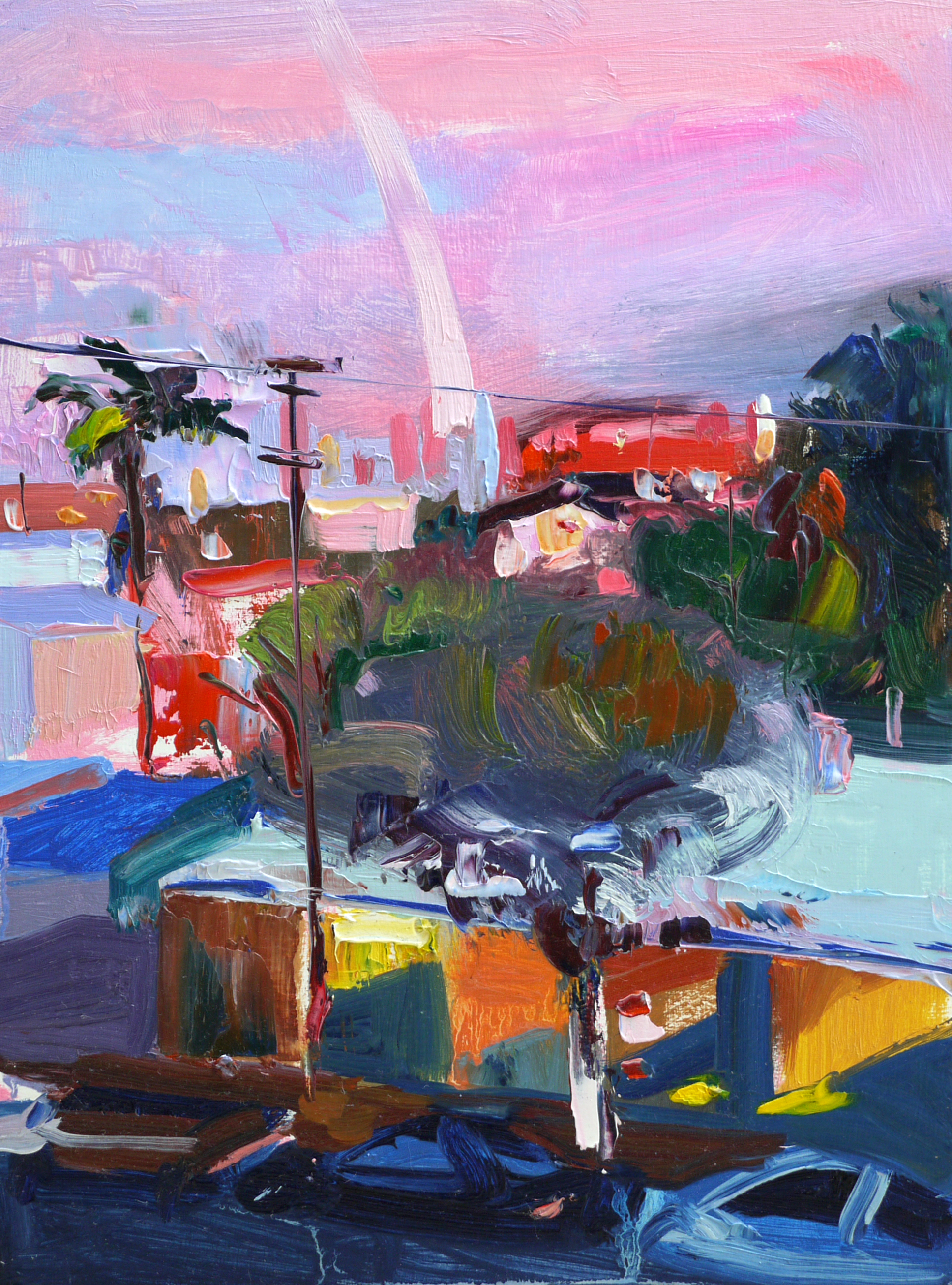 Pink Balcony View , 9"x12", Oil on wood, 2015.