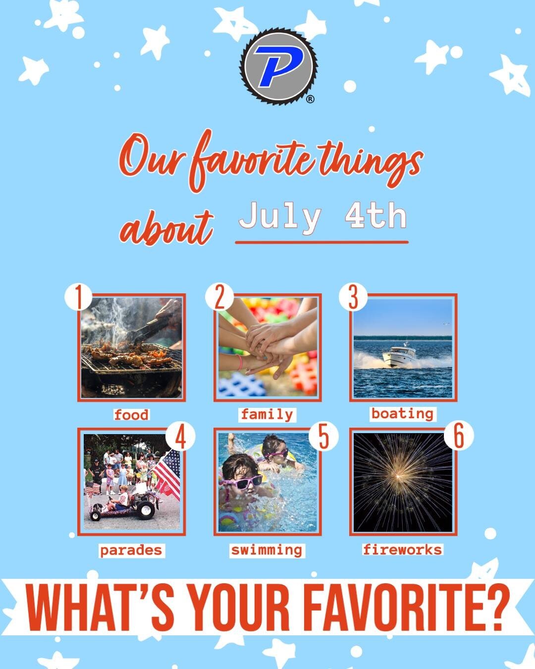 We're looking forward to celebrating July 4. Here are some of our favorite things to do. How about you? Is there something we didn't like that is a family tradition for you?
#july4th #IndependenceDay #America #USA #SawBlades #Sharpening #sawblade 
#W