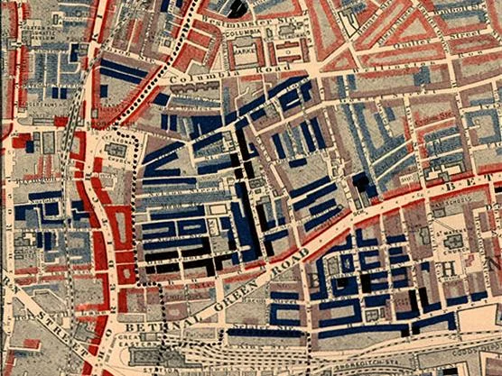 Poverty map of Old Nichol slum, East End of London, showing Bethnal Green Road, from Charles Booth's Labour and Life of the People. Volume 1: East London (London: Macmillan, 1889). The streets are colored to represent the economic class of the residents: Yellow (“Upper-middle and Upper classes, Wealthy”), red ("Lower middle class - Well-to-do middle class"), pink ("Fairly comfortable good ordinary earnings"), blue ("Intermittent or casual earnings"), and black ("lowest class...occasional labourers, street sellers, loafers, criminals and semi-criminals") by Charles Booth