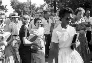   September 4, 1957, Elizabeth Eckford -- one of nine black students attempting to attend Central High School, in Little Rock, Arkansas -- is met with jeers. The Arkansas governor, defying a federal order, has National Guard troops stop the black stu