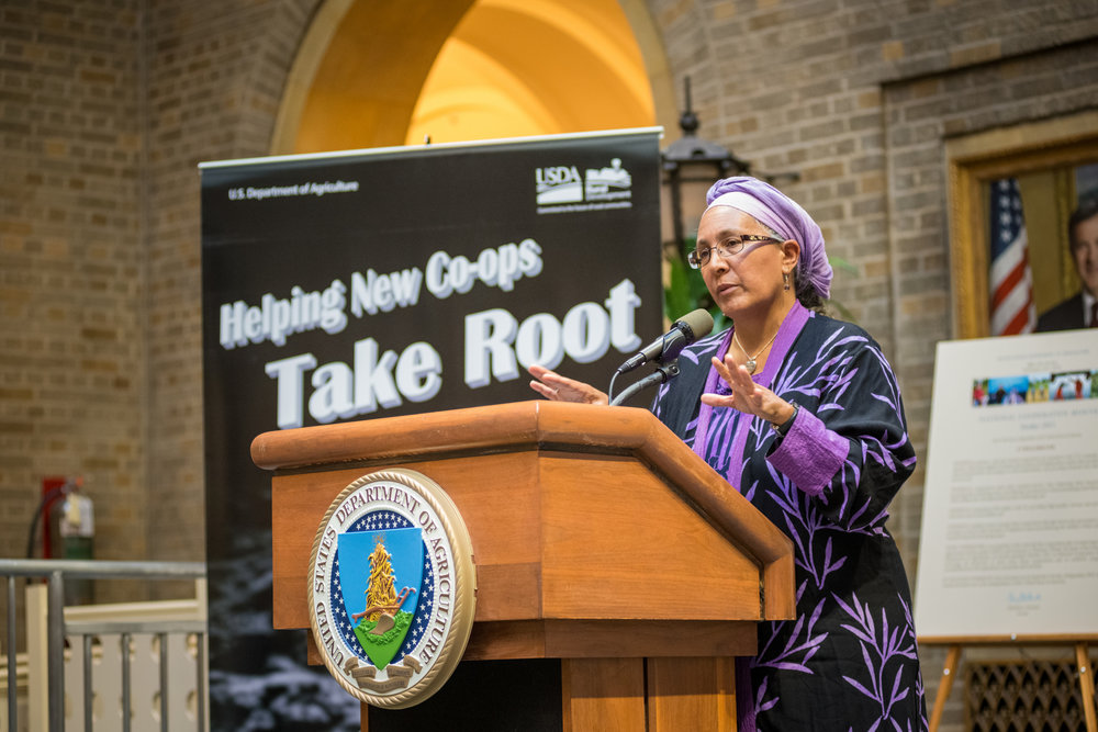  Jessica Gordon Nembhard discusses her book and thoughts about cooperative opportunities for expanded self-reliance in the future for the African-American community at the U.S. Department of Agriculture (USDA) in Washington, D. C., 2015.  Photo by Bo