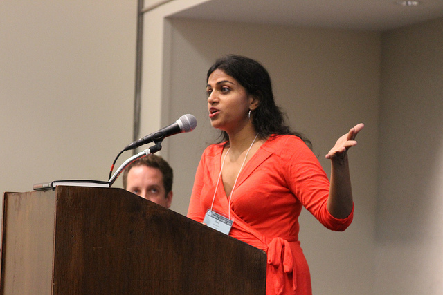  Saru speaking at the Choose Compassionate Consumption workshop at a UUSC (Unitarian Universalist Service Committee) Workshop at General Assembly, 2013   Source  Photographer: Steven Nutter 