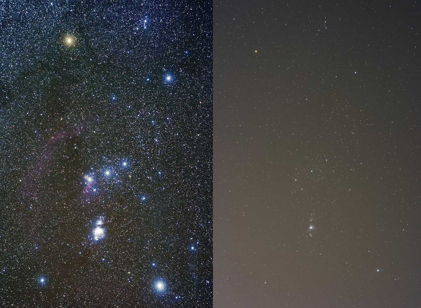 The constellation Orion, imaged at left from dark skies, and at right from Orem, UT. Orem, UT is hardly a large city. This is intended to highlight the fact that light pollution is a problem everywhere, not just in cities with tens of millions of inhabitants. Image credit: Flickr user jpstanley, CC BY 2.0.