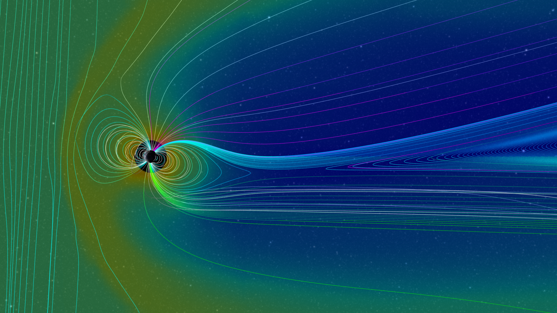 A profile view of the magnetic field and density data. Image Credit: NASA's Scientific Visualization Studio, the Space Weather Research Center (SWRC), the Community-Coordinated Modeling Center (CCMC) and the Space Weather Modeling Framework (SWMF).
