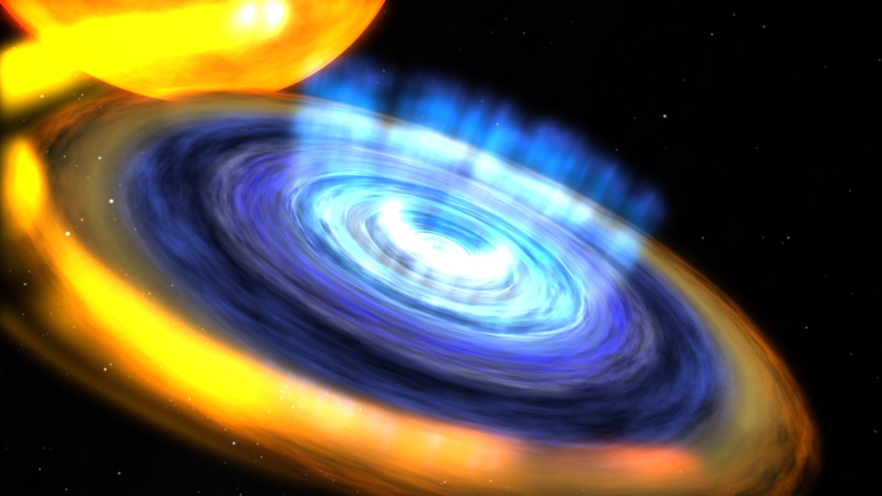 Artist’s rendering showing the black hole and its accretion disk with a disk wind fully established. Image credit: NASA/Goddard Space Flight Center/CI Lab
