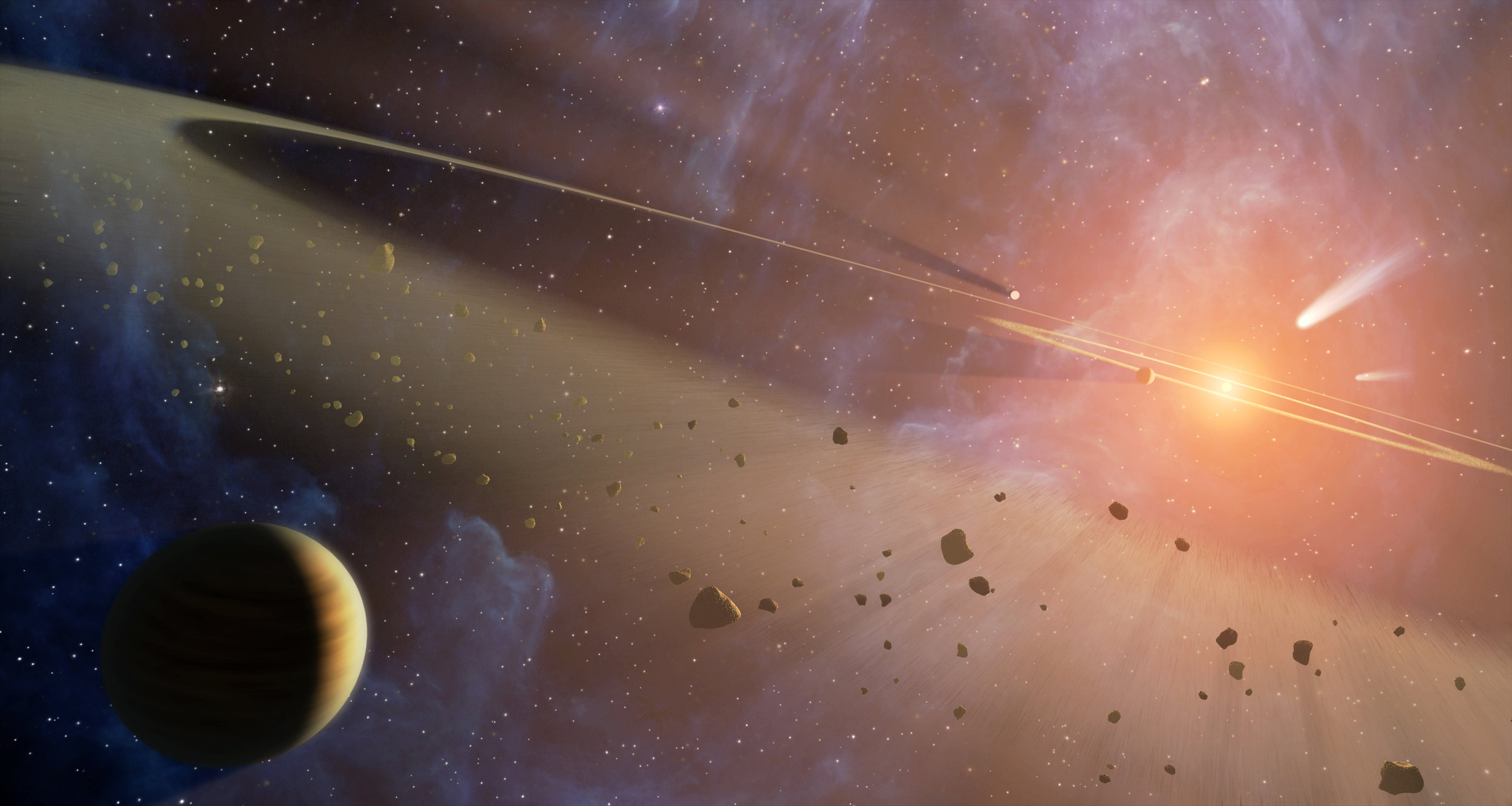 This artist's conception shows the closest known planetary system to our own, called Epsilon Eridani. Observations from NASA's Spitzer Space Telescope show that the system hosts two asteroid belts, in addition to previously identified candidate planets and an outer comet ring. Image credit: NASA/JPL-Caltech