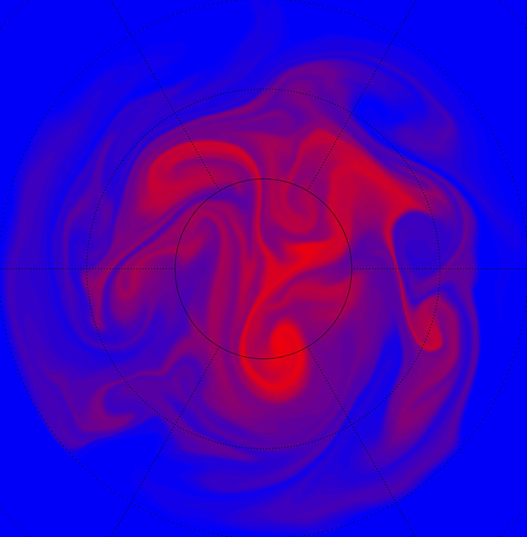 A two-dimensional, zonally-symmetric tracer advected in the Northern Hemisphere. Reference: Peter Mills (2004) “Following the Vapour Trail: a Study of Chaotic Mixing of Water Vapour in the Upper Troposphere.” Master’s Thesis, University of Bremen. Image credit: wikimedia user Peteymills, CC0