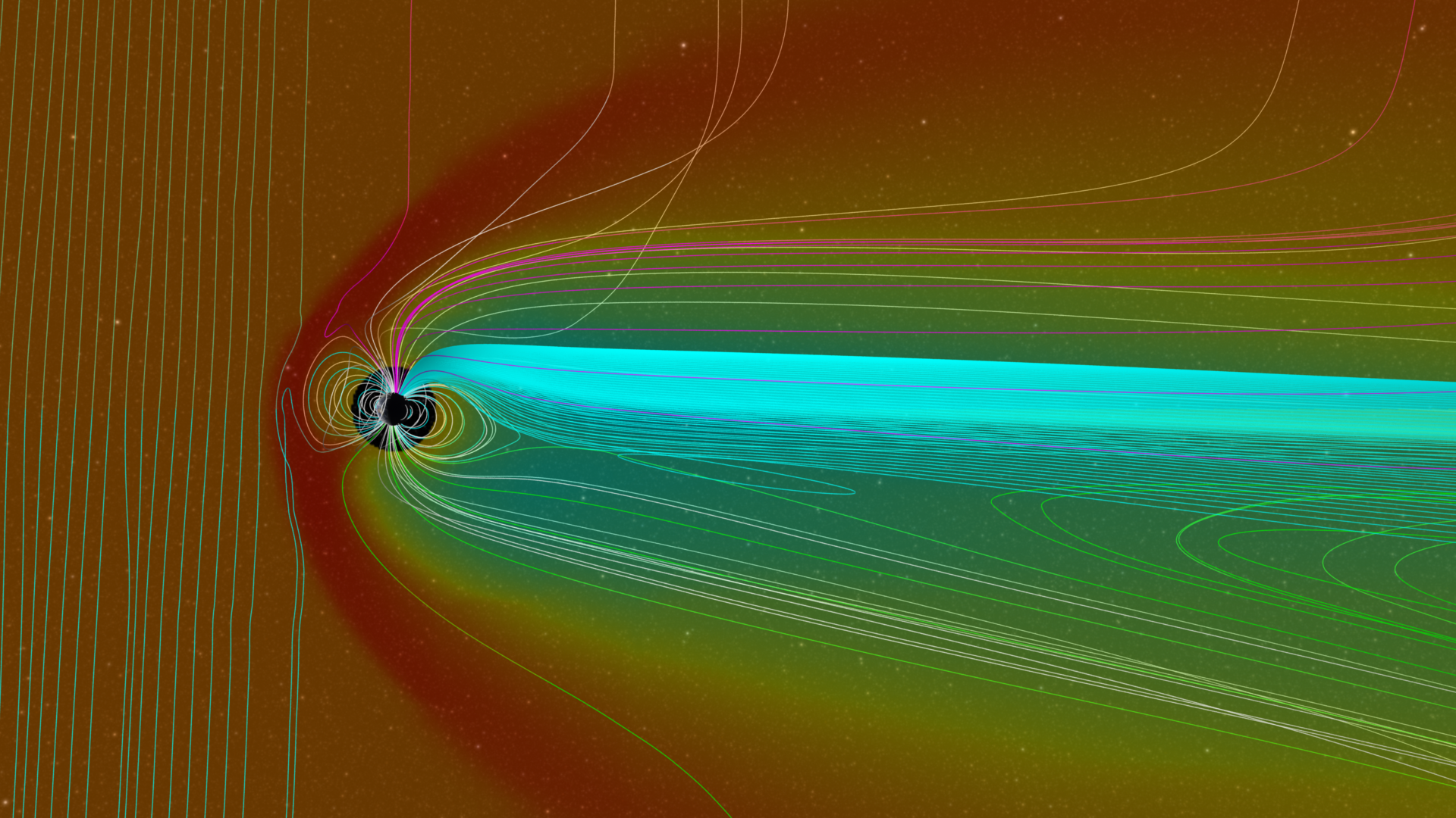 A profile view of the magnetic field and density data during a solar outburst. Image Credit: NASA’s Scientific Visualization Studio, the Space Weather Research Center (SWRC), the Community-Coordinated Modeling Center (CCMC) and the Space Weather Modeling Framework (SWMF).