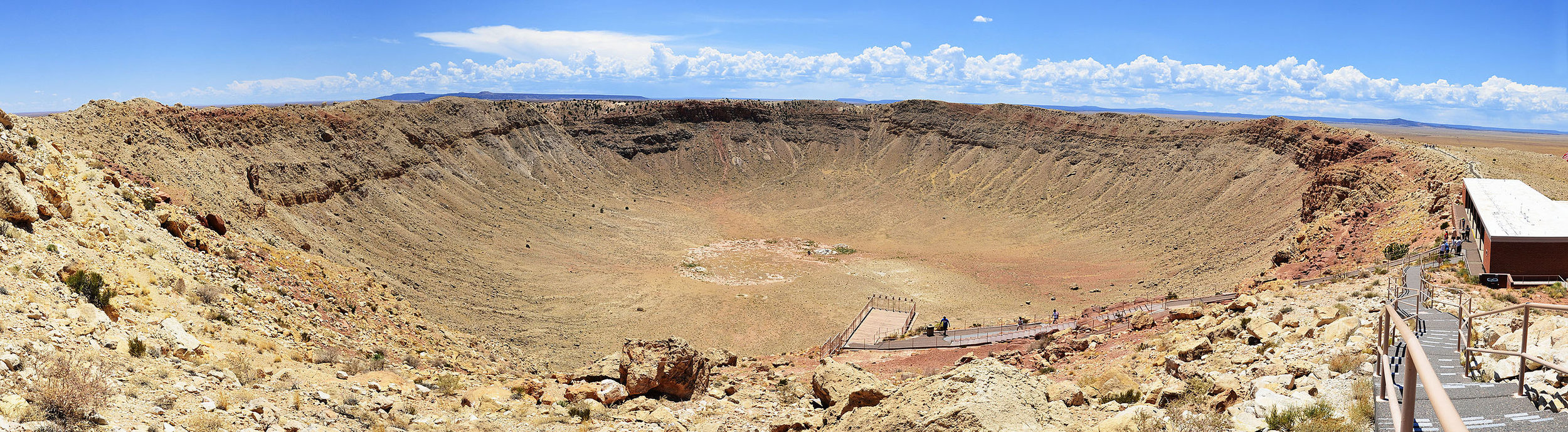 This is a stitched panoramic image of Meteor (or Barringer) Crater located near Winslow, Arizona, 2012 07 11. Image credit: wikimedia user Tsaiproject, CC BY-SA 3.0